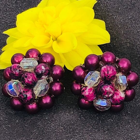 2 PAIRS Vintage MCM Japan Clip ON Bead Earrings Pink Purple - Picture 8 of 10